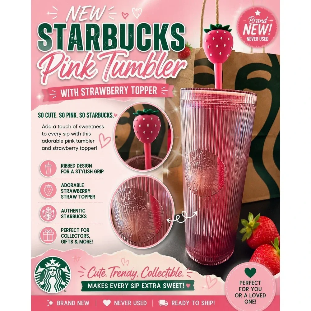 Starbucks Pink Ribbed Tumbler Cup w/ Strawberry Straw Topper & Lid New